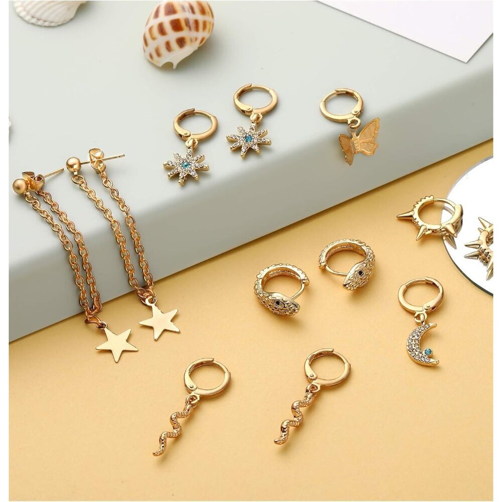 12 Pairs Dangle Hoop Earrings Aesthetic Huggie Earrings with Charms Small Drop P - Picture 6 of 6